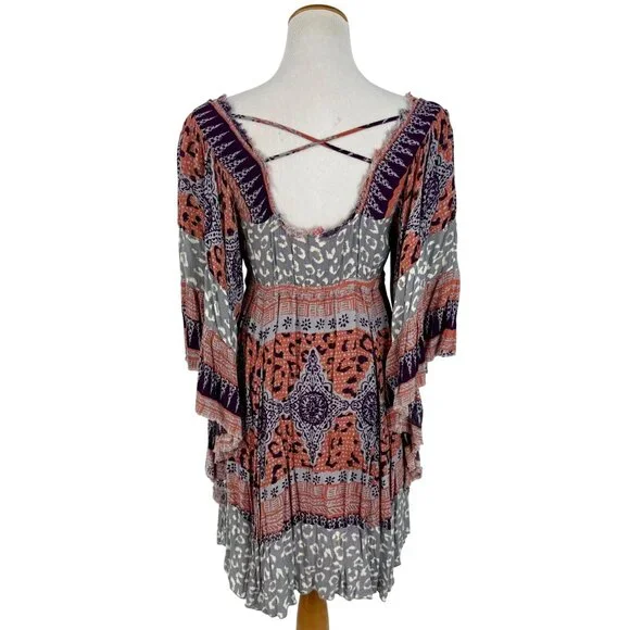 Free People Boho Flowy Printed Bell Sleeve Crisscross Back Hippie Mini Dress - Picture 10 of 14